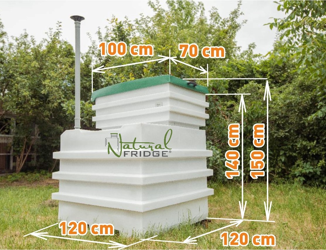 Ta piwnica ma jednoczęściowy plastikowy korpus, który jest uszczelniony przed wodą gruntową. Ma wysokość 140 cm Ta piwnica musi być zakopana pod ziemią na głębokość 135 cm Całkowita głębokość wykopu powinna wynosić 150 cm.  🍏 Regulamin Natural Fridge -  Oferta