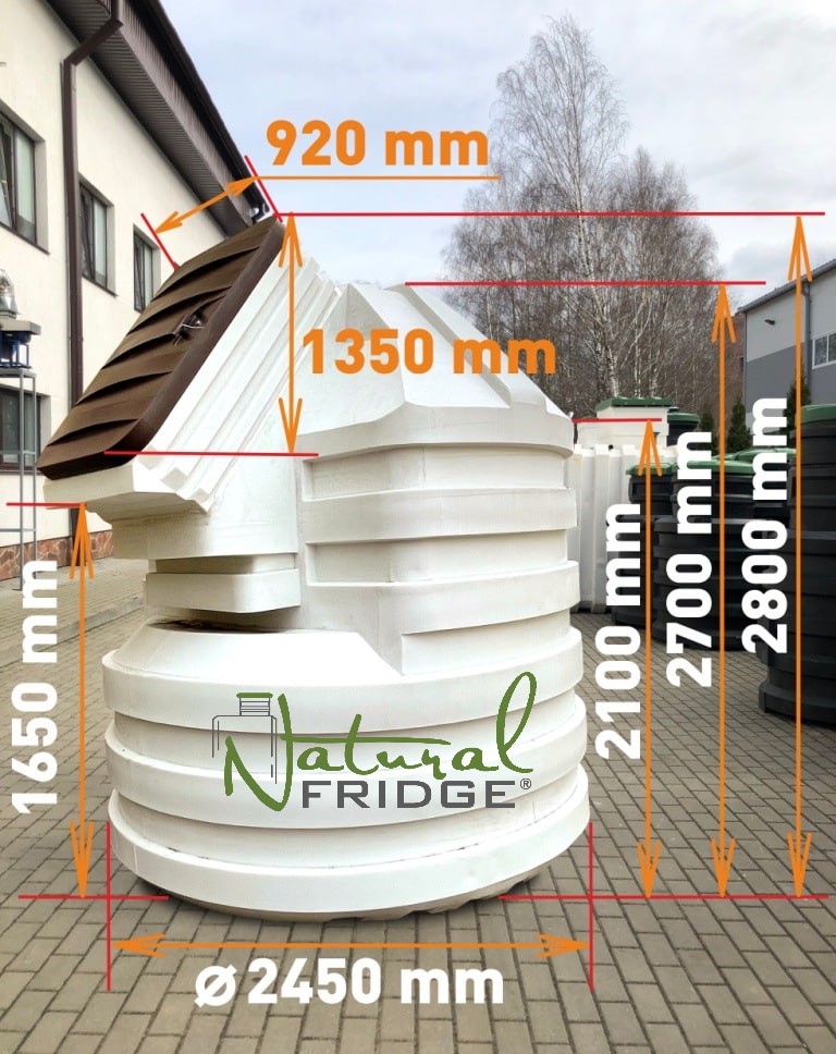 Piwnica ogrodowa Natural FRIDGE ®, spizarnia, ziemianka ogrodowa 2,5 m cylindryczny z pochylym wejsciem kontaktu z żywnością. Korpus został wyprodukowany jako jedną całość, bez łączeń i spawów. Dzięki temu piwnica  Piwnica 250 Natural Fridge  32 890  zł