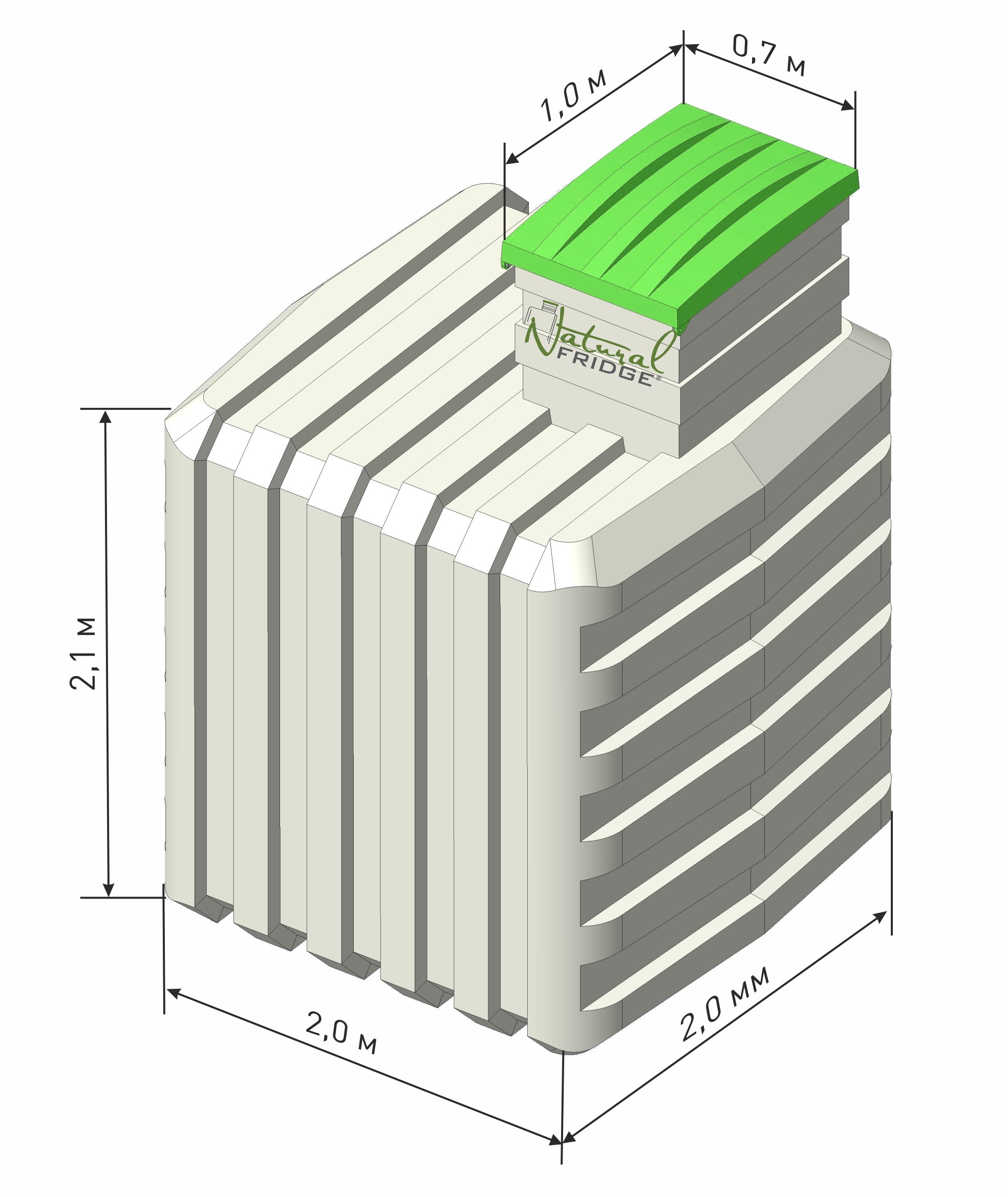 Piwnica ogrodowa Natural FRIDGE ®, spizarnia, ziemianka ogrodowa 2х2 m wewnatrz objętość do 7,2 metrów sześciennych, a grubość ścianki wynosi między 12-15 mm.  Rama Piwnica 200x200 Natural Fridge  31 680  zł