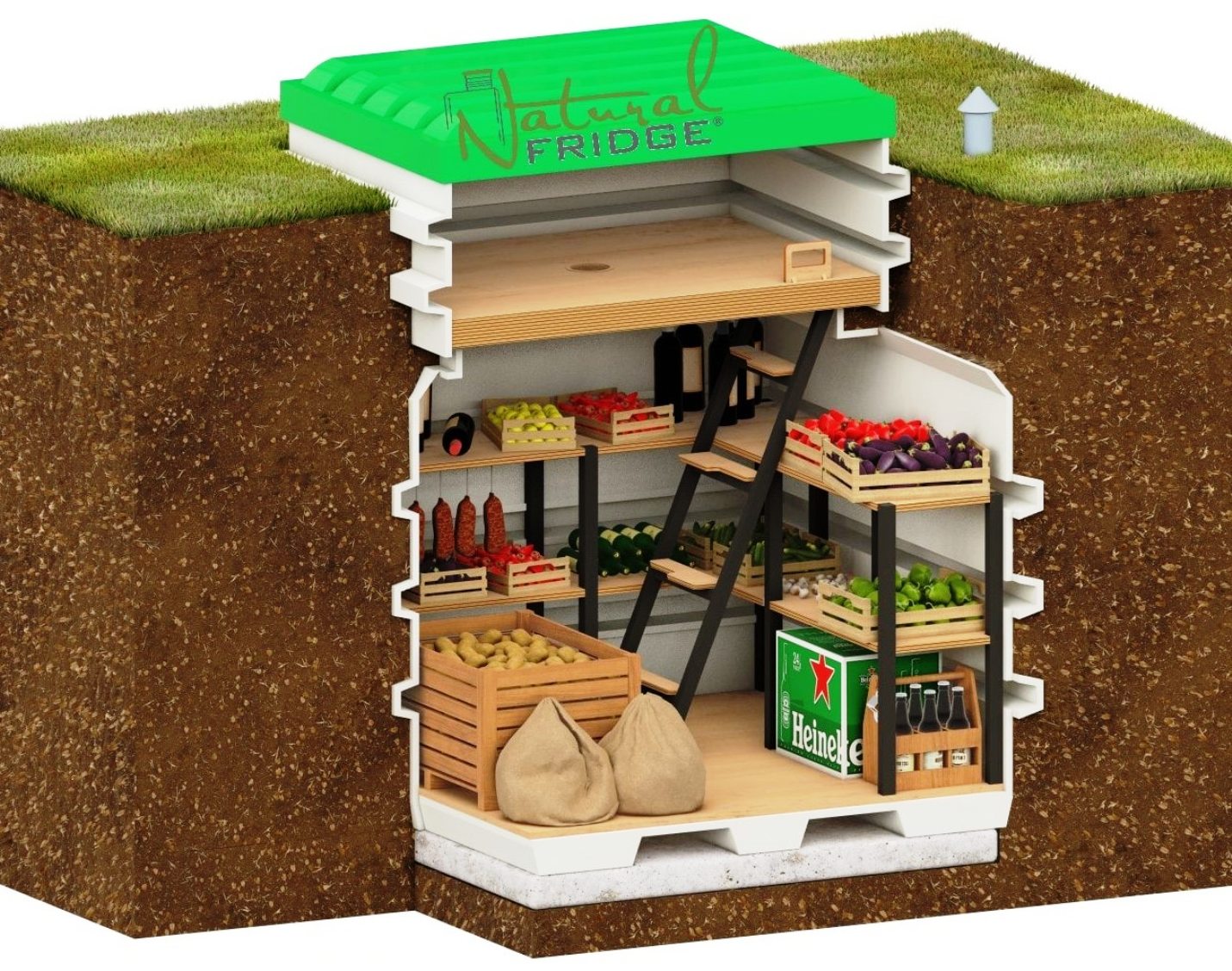 Piwniczka przydomowa ® 1,2 m x 1,2 m nowoczesna mini ziemianka m³  – Waga 135 kg    – Wymiary wejścia 70х100 cm  – Powierzchnia półek 1,1 m² 🍏 Piwniczka 120x120 Natural Fridge  9 980  zł  Oferta